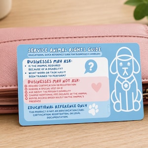 May include: A light blue rectangular service animal rights guide card featuring white text and a white line-art dog illustration. The card lists business guidelines, including what may and may not be asked, and states it is for educational reference only.