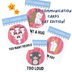 May include: A set of "Let's Communicate" cards, "Cat Edition," with illustrations of cats and other characters conveying different feelings. The cards display phrases like "Too Many People" and "Too Loud."