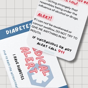 Afdrukbare medische kaart diabetes | Digitale visitekaartje voor noodgevallen | Niet-bewerkbare kaart voor medische waarschuwingen | Direct downloaden | Diabetici
