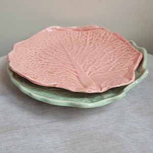 Handmade Pottery Cabbage Leaf Plate: Green or Pink Glaze