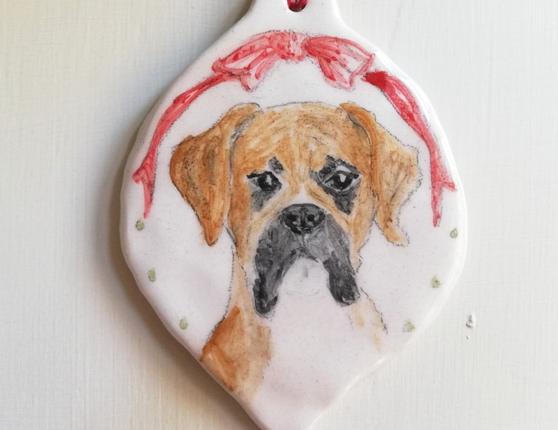 Ceramic British bulldog or boxer dog decoration Hand painted pottery hanging ornament Dog lovers gift idea one of a kind unique gift