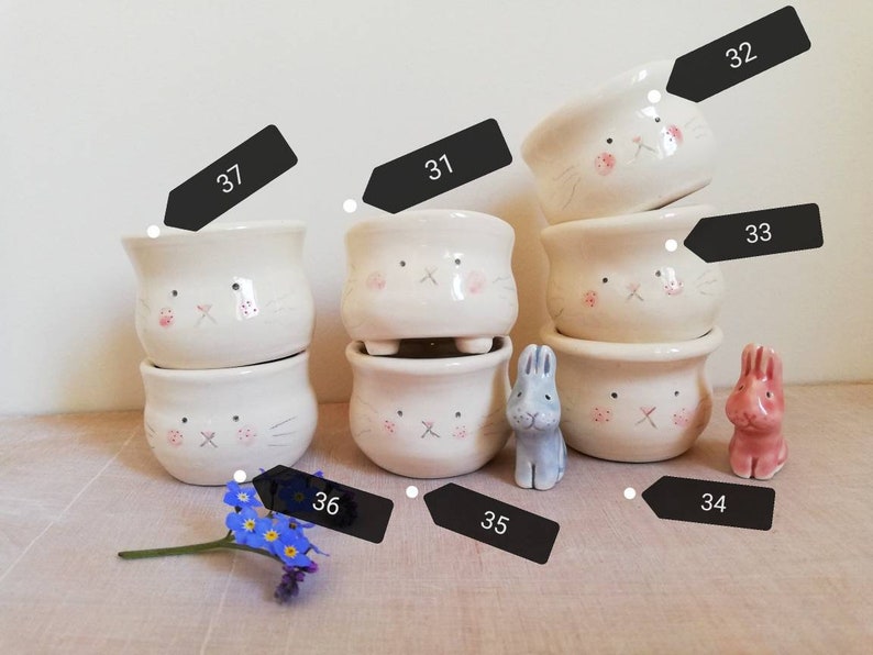 Handmade ceramic bunny rabbit egg cup holder hand thrown pottery gift for lover of bunnies ONLY one individual character with tail left image 6