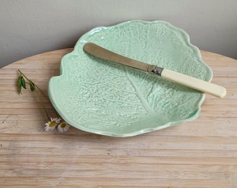 Green ceramic plate with cabbage leaf imprint and translucent glaze on handmade pottery, cake or side plate little handthrown pottery gift