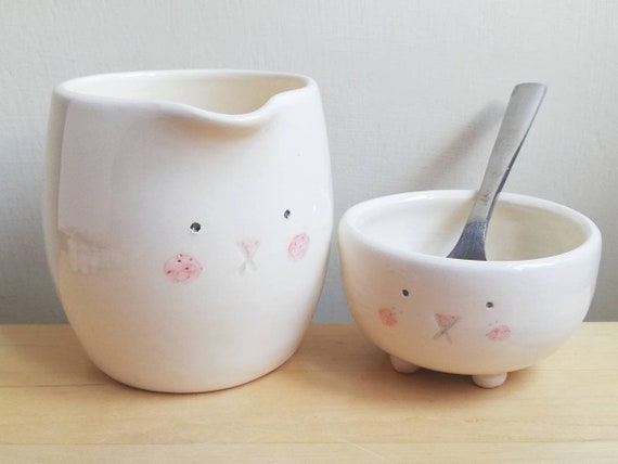 Ceramic bunny milk jug or sugar bowl with rabbit face and tail pottery creamer gift for bunny lover. Choice of 3. For serving milk cream
