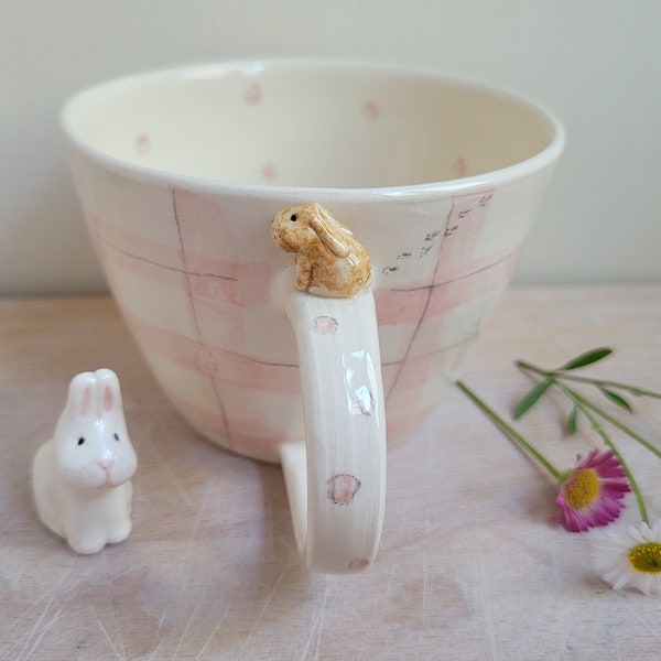 Bunny rabbit cup with grey pink or blue gingham spots & pawprints MADE to ORDER ceramic mug, hand painted handmade gift for tea coffee lover