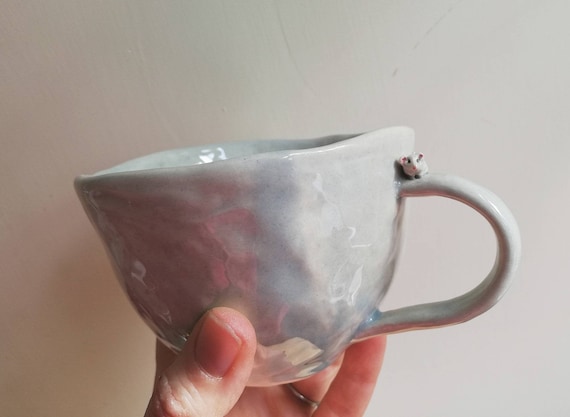 Handmade grey tea cup with tiny mouse hand built glazed coffee lover gift with choice of miniature mouse and paw prints each one of a kind
