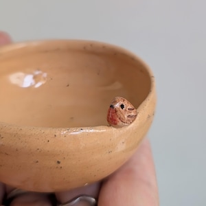 May include: A small, round, light peach-coloured ceramic bowl with a glossy finish and dark speckles throughout. A tiny, sculpted brown and red robin bird figure is attached to the inner rim of the bowl, facing inward with painted black eyes.