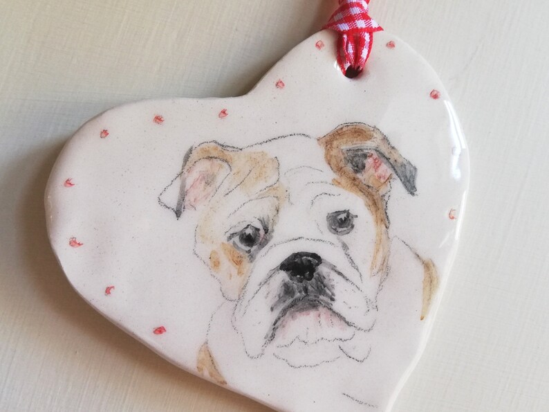 Ceramic British bulldog or boxer dog decoration Hand painted pottery hanging ornament Dog lovers gift idea one of a kind unique gift