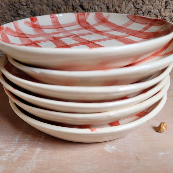 Handmade plate ceramic red check, blue or grey spotty & striped or pink gingham 4 cake or side plate little handthrown pottery gift