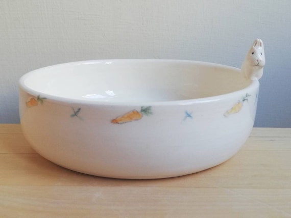 Ceramic bunny rabbit bowl with tiny white rabbit, carrots and paw prints - ceramic small pet feeder dish gift for lover of bunnies