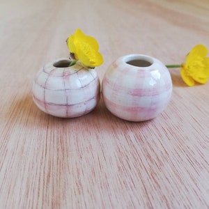 Miniature vase, tiny ceramic pink or blue gingham check pot ornament for home decor or dolls house, Mini daisy or forget me not holder