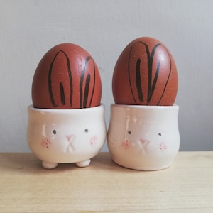 Handmade ceramic bunny rabbit egg cup holder hand thrown pottery gift for lover of bunnies ONLY one individual character with tail left image 3