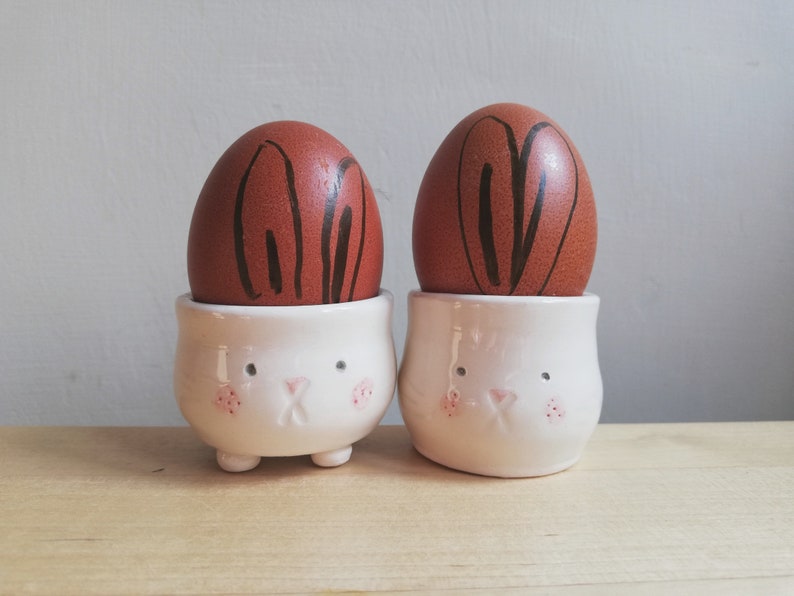 Handmade ceramic bunny rabbit egg cup holder hand thrown pottery gift for lover of bunnies ONLY one individual character with tail left image 3