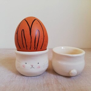 Handmade ceramic bunny rabbit egg cup holder hand thrown pottery gift for lover of bunnies ONLY one individual character with tail left image 4