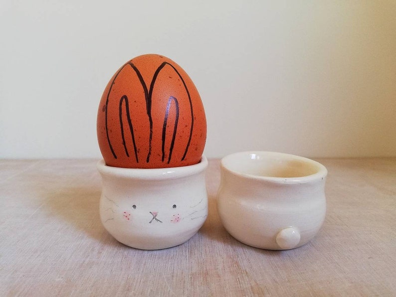 Handmade ceramic bunny rabbit egg cup holder hand thrown pottery gift for lover of bunnies ONLY one individual character with tail left image 4