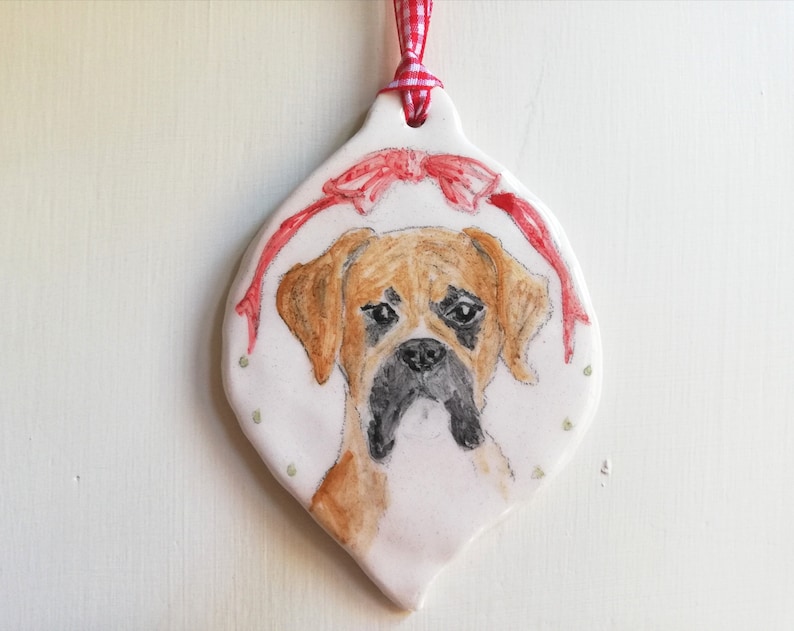 Ceramic British bulldog or boxer dog decoration Hand painted pottery hanging ornament Dog lovers gift idea one of a kind unique gift
