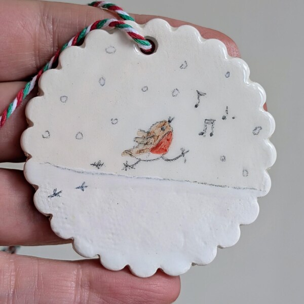 Handmade Ceramic Snowy Robin Ornament: Whistling Bird Tree Decoration