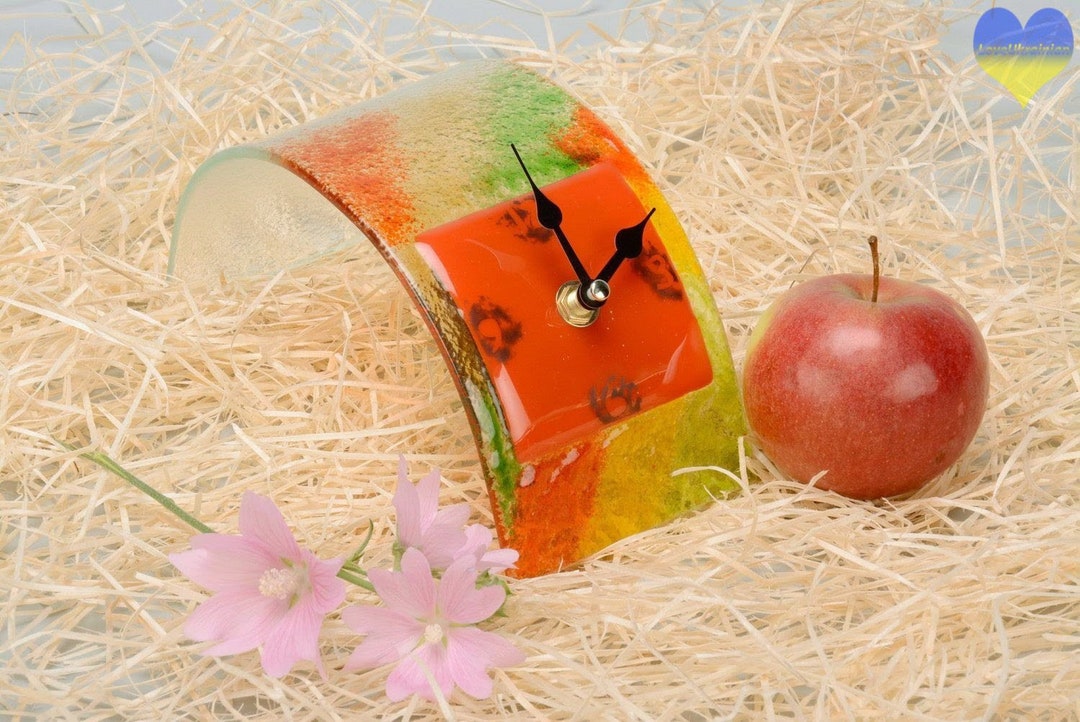 Table Clock Fused Glass Clock Contemporary Clock Art Glass Etsy