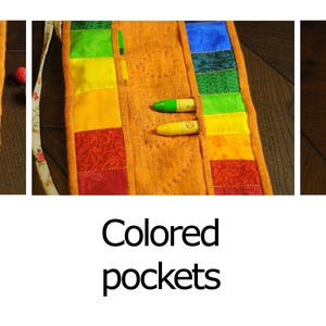 May include: Three fabric pencil rolls with different pocket styles. The first roll has plain pockets, the second has colored pockets, and the third has pockets with fabric motifs.