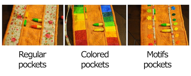May include: Three fabric pencil rolls with different pocket styles. The first roll has plain pockets, the second has colored pockets, and the third has pockets with fabric motifs.