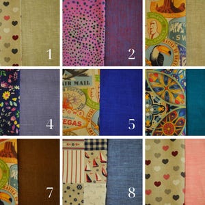 May include: Nine fabric swatches, each with a different pattern. The swatches are arranged in a grid of three rows and three columns. The top row features a brown and white heart pattern, a pink and purple polka dot pattern, and a purple and blue textured fabric. The middle row features a blue and white floral pattern, a blue and white patterned fabric with the text "Air Mail" and "Welcome to Vegas", and a blue and gold patterned fabric. The bottom row features a brown and white patterned fabric with a toucan and the text "Nativa do Brazil", a white and blue patterned fabric, and a pink fabric.