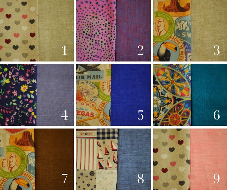May include: Nine fabric swatches, each with a different pattern. The swatches are arranged in a grid of three rows and three columns. The top row features a brown and white heart pattern, a pink and purple polka dot pattern, and a purple and blue textured fabric. The middle row features a blue and white floral pattern, a blue and white patterned fabric with the text "Air Mail" and "Welcome to Vegas", and a blue and gold patterned fabric. The bottom row features a brown and white patterned fabric with a toucan and the text "Nativa do Brazil", a white and blue patterned fabric, and a pink fabric.