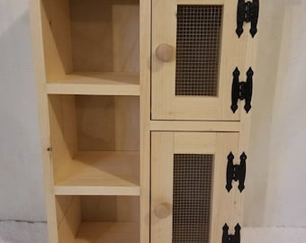 Unfinished Pine 2 door, 3 shelf Wood Cabinet. Measures 17 1/2" x 9" x 25 1/2" tall