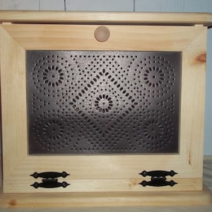 Handcrafted Wooden Bread Box with Punched Tin Decorated Front Door Unfinished  19" x11 1/4" x 16" Tall