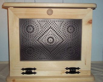 Handcrafted Wooden Bread Box with Punched Tin Decorated Front Door Unfinished  19" x11 1/4" x 16" Tall