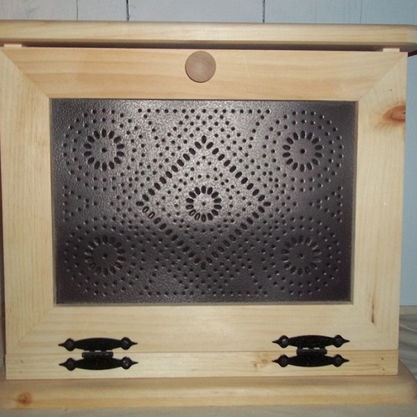 Handcrafted Wooden Bread Box with Punched Tin Decorated Front Door Unfinished  19" x11 1/4" x 16" Tall