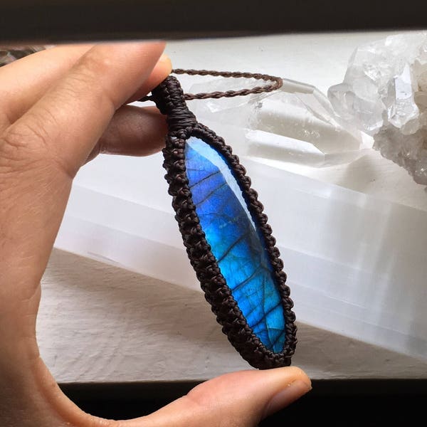 Glowing Labradorite Necklace, Aurora Borealis, Blue Green Ocean, Butterfly Wing, Macrame, Healing Stones and Crystals, Gift Idea