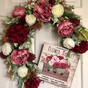 Country Flower Market burgundy and mauve peony spring summer grapevine wreath, maroon bedroom decor, Mother’s Day gift, birthday gift
