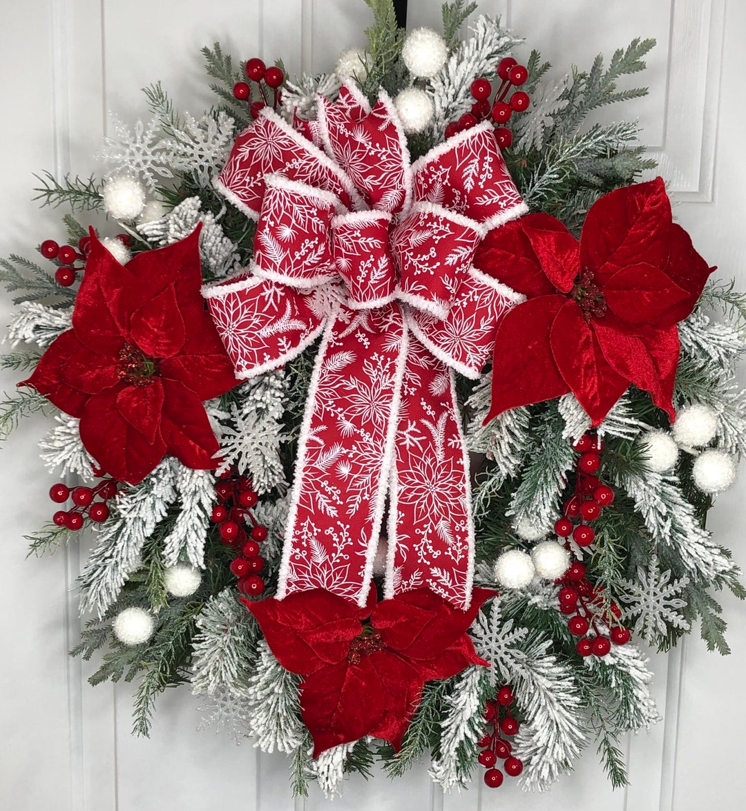 Red and White Velvet Poinsettia Holiday Christmas Wreath for Front Door ...