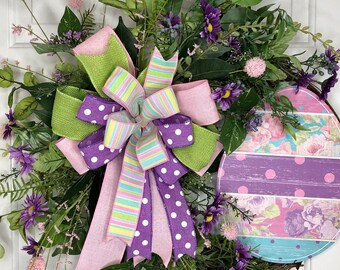 Floral vintage look pastel Easter Egg wreath for spring, pink and purple polka dot floral Easter egg sign for front door, Easter kitchen