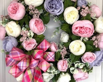 Pastel spring floral wreath for front door, pastel Easter wreath for dining room, Mother’s Day gift for her birthday, cottage bedroom wreath