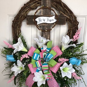 He is Risen cross Easter wreath for front door, wooden cross wreath for Easter church decorations, pastel lily religious Easter door decor