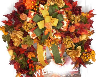 Fall leaves welcome Thanksgiving wreath for front door, fall mantle fireplace decoration, autumn leaves door decor for fall welcome sign