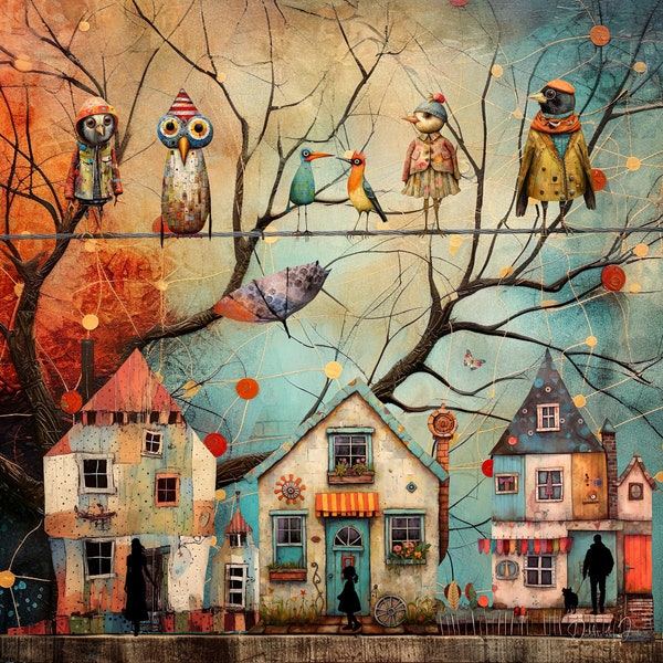 Art, Wall Décor, Birds on a Wire, Colorful, Telephone Wire, Houses, Neighborhood, Tree, Umbrella, Sky, Digital Art, Instant Download