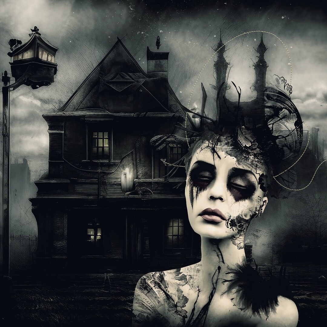 Art, Wall Décor, Gothic, Woman, House, Lamppost, Buildings, Tattoos, Stitching, Clouds, Stars ...