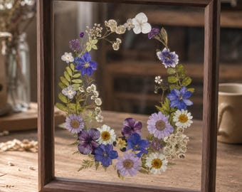 Marco de flores prensadas naturales, arte botánico para pared, decoración del hogar hecha a mano con motivos de la naturaleza, regalo perfecto.