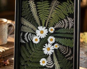 Cuadro decorativo botánico artesanal con margaritas prensadas y helechos. Ejemplar de flor real. Regalo personalizado de la naturaleza.