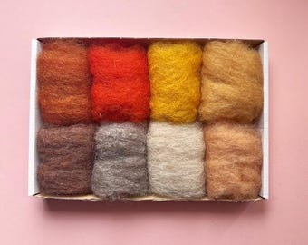 Beginner Needle Felting Kit: Natural Wool Batting, Woodland Colors