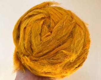 Yellow Sari Silk Sliver: Recycled Fiber for Felting, Spinning (20gr)