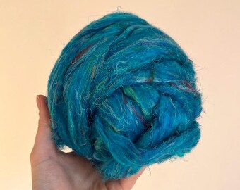 Turquoise Sari Silk Sliver: Recycled Fiber for Felting, Spinning (20gr)