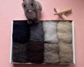 Beginner Needle Felting Kit: Natural Wool Batting, Woodland Colors