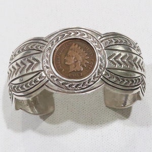 Navajo Artist Wilbert Benally sterling etched cuff with 1903 penny size 6