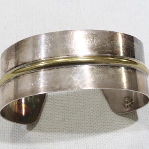 Stunning Taxco Mexico sterling and raised brass wide cuff bracelet