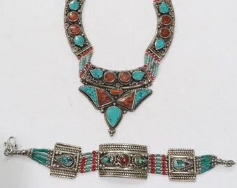 Tibetan silver turquoise and coral necklace and bracelet set