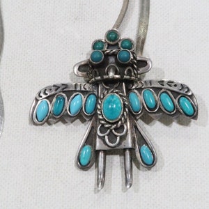 Sterling Mexico Taxco 925 turquoise Eagle Kachina bolo turned pendant with herringbone chain