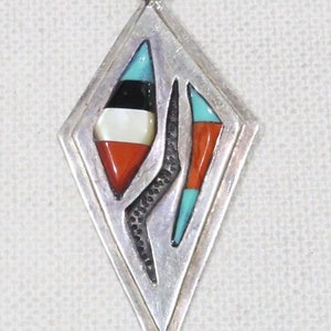 Sterling Zuni turquoise coral black onyx mother of pearl inlay large diamond shaped pendant